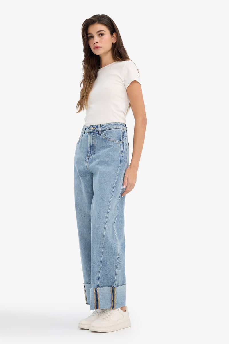 ديفاكتو بنطلون جينز قصة مريحة وحافة مطوية وخصر عالي - Image 2